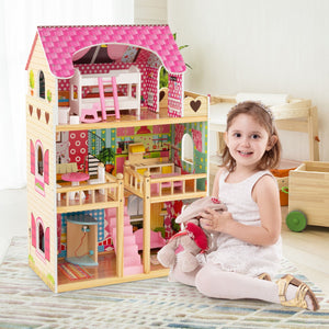 Casa delle bambole in legno per bambini, Set da gioco con 3 piani 6 stanze simulate e 15 pezzi di mobili Rosa-Cucine giocattoli