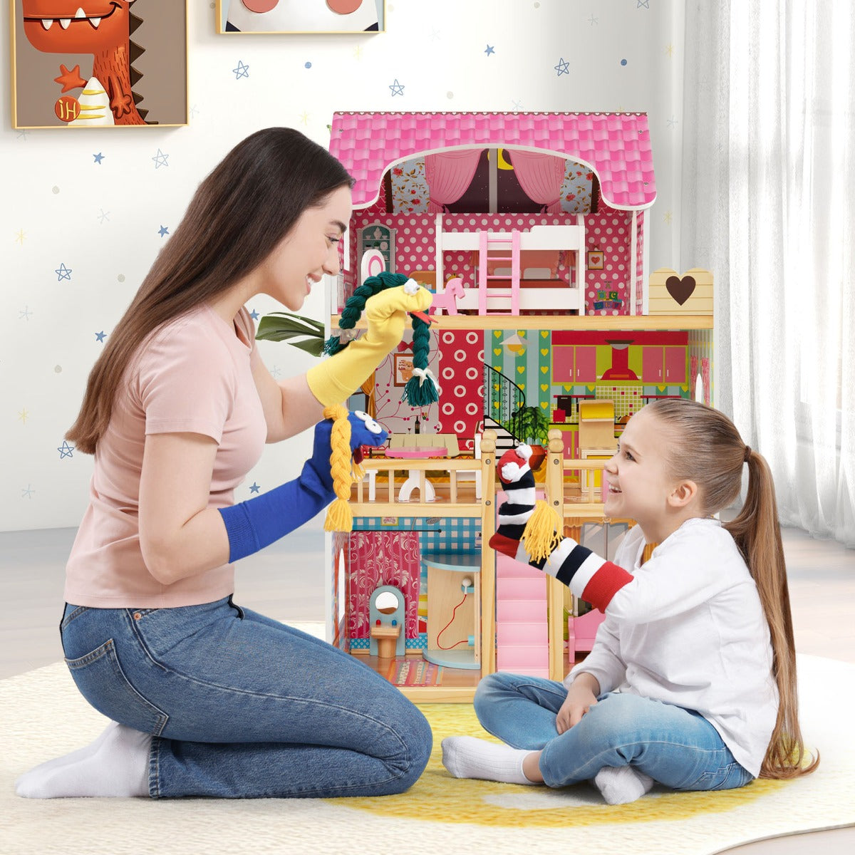 Casa delle bambole in legno per bambini, Set da gioco con 3 piani 6 stanze simulate e 15 pezzi di mobili Rosa-Cucine giocattoli