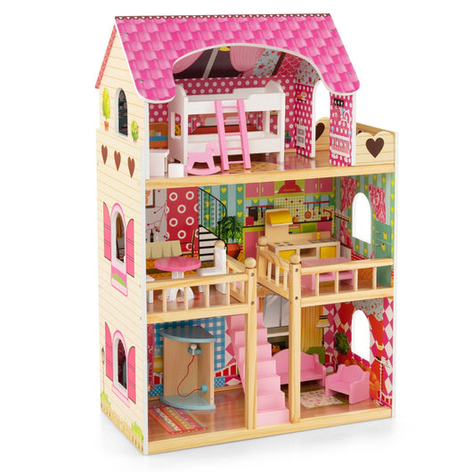 Casa delle bambole in legno per bambini, Set da gioco con 3 piani 6 stanze simulate e 15 pezzi di mobili Rosa-Cucine giocattoli