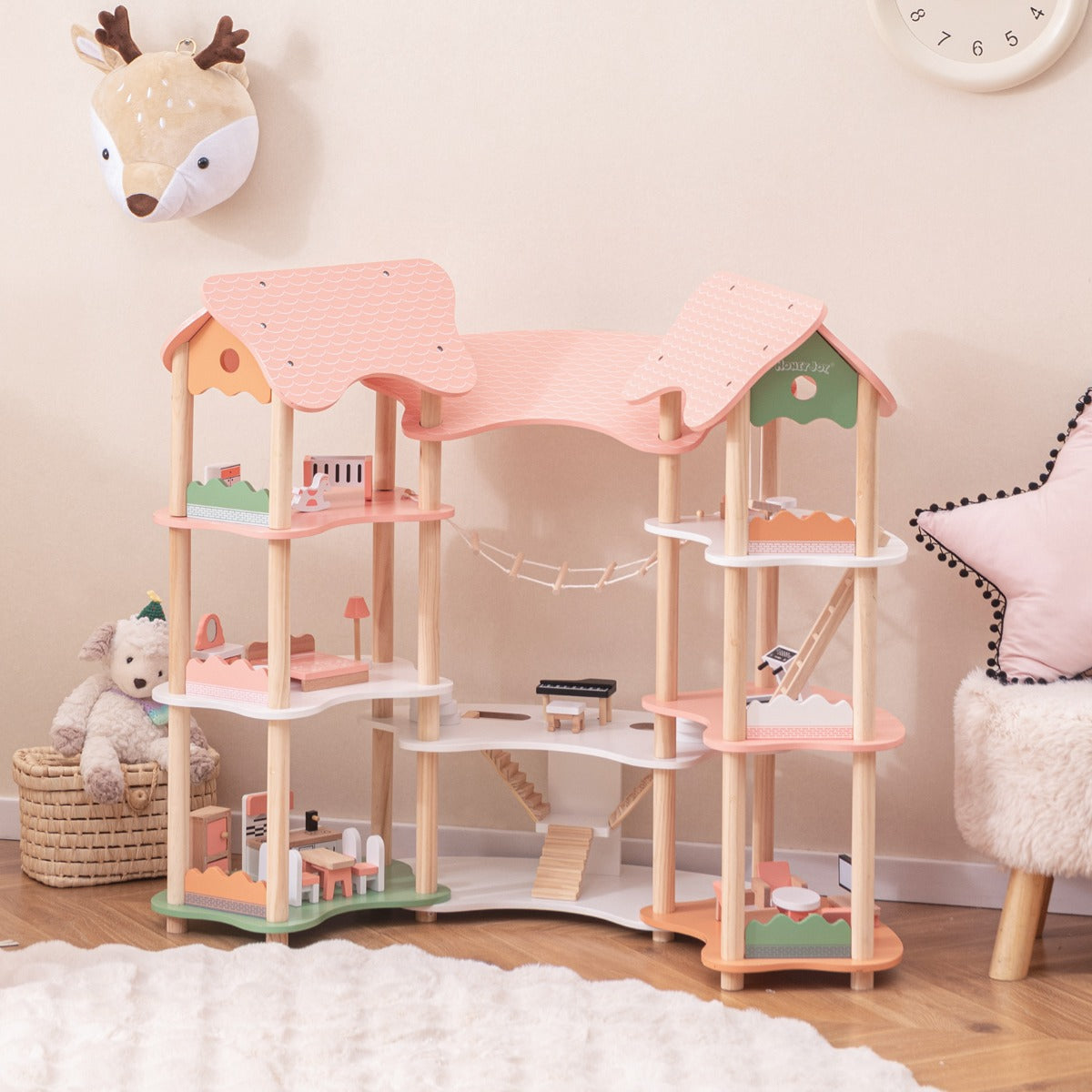 Casa delle bambole in legno per bambini dai 3 agli 8 anni, Casa a 3 piani con 7 stanze e 32 accessori realistici Rosa-Tende e Casette per bambini