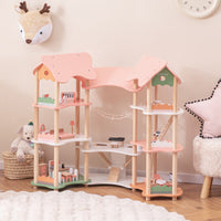 Casa delle bambole in legno per bambini dai 3 agli 8 anni, Casa a 3 piani con 7 stanze e 32 accessori realistici Rosa-Tende e Casette per bambini