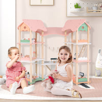 Casa delle bambole in legno per bambini dai 3 agli 8 anni, Casa a 3 piani con 7 stanze e 32 accessori realistici Rosa-Tende e Casette per bambini
