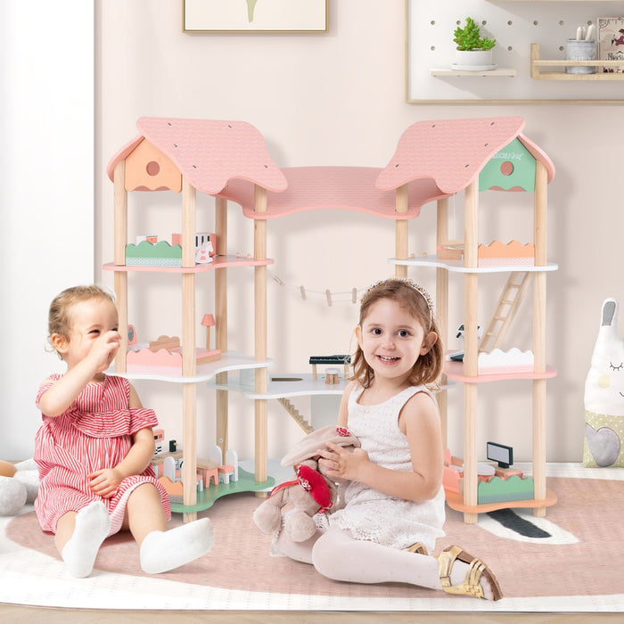 Casa delle bambole in legno per bambini dai 3 agli 8 anni, Casa a 3 piani con 7 stanze e 32 accessori realistici Rosa-Tende e Casette per bambini