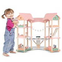 Casa delle bambole in legno per bambini dai 3 agli 8 anni, Casa a 3 piani con 7 stanze e 32 accessori realistici Rosa-Tende e Casette per bambini