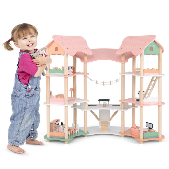 Casa delle bambole in legno per bambini dai 3 agli 8 anni, Casa a 3 piani con 7 stanze e 32 accessori realistici Rosa-Tende e Casette per bambini