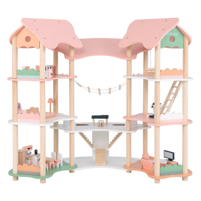 Casa delle bambole in legno per bambini dai 3 agli 8 anni, Casa a 3 piani con 7 stanze e 32 accessori realistici Rosa-Tende e Casette per bambini
