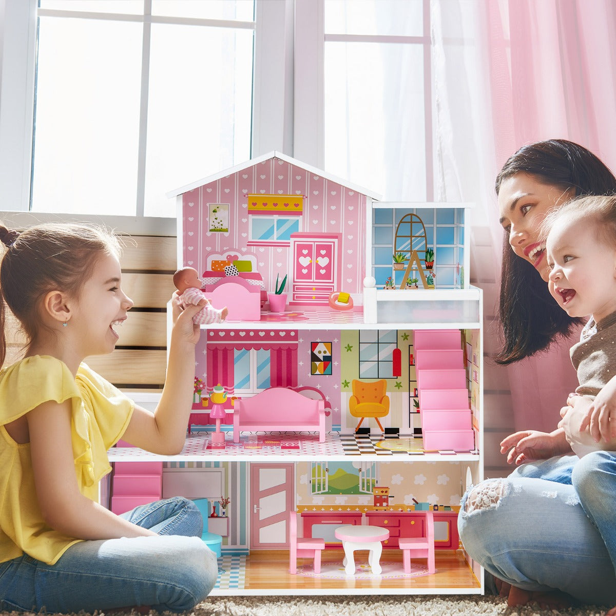 Casa delle bambole in legno per bambini, Set di gioco con 5 stanze e 10 mobili carta da parati 60x25x70cm Rosa-Cucine giocattoli
