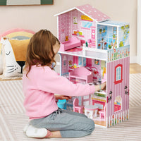 Casa delle bambole in legno per bambini, Set di gioco con 5 stanze e 10 mobili carta da parati 60x25x70cm Rosa-Cucine giocattoli