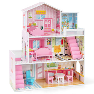 Casa delle bambole in legno per bambini, Set di gioco con 5 stanze e 10 mobili carta da parati 60x25x70cm Rosa-Cucine giocattoli