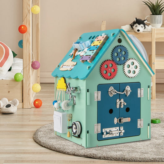 Casa giocattolo in legno degli ingranaggi, Montessori con giochi sensoriali e spazio interno per bambini Blu-Case e cucine giocattoli