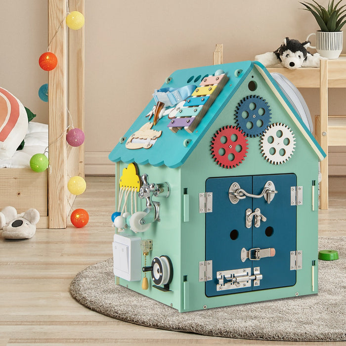 Casa giocattolo in legno degli ingranaggi, Montessori con giochi sensoriali e spazio interno per bambini Blu-Case e cucine giocattoli