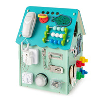 Casa giocattolo in legno degli ingranaggi, Montessori con giochi sensoriali e spazio interno per bambini Blu-Case e cucine giocattoli