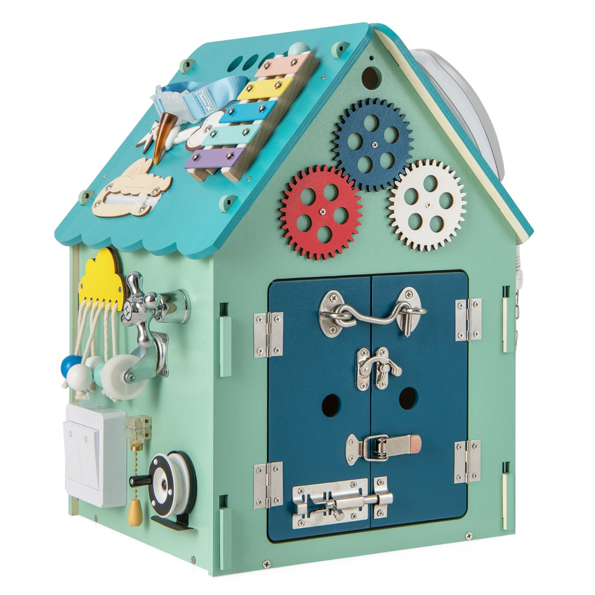 Casa giocattolo in legno degli ingranaggi, Montessori con giochi sensoriali e spazio interno per bambini Blu-Case e cucine giocattoli