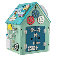 Casa giocattolo in legno degli ingranaggi, Montessori con giochi sensoriali e spazio interno per bambini Blu-Case e cucine giocattoli