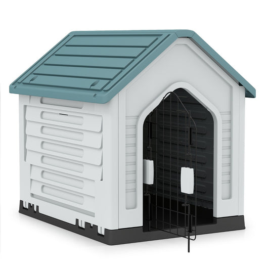 Rifugio per animali domestici da interno ed esterno con porta, Casa per cani in plastica in metallo bloccabile Blu scuro-Casette e lettini