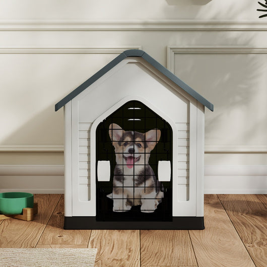 Rifugio per animali domestici da interno ed esterno con porta, Casa per cani in plastica in metallo bloccabile Grigio-Casette e lettini