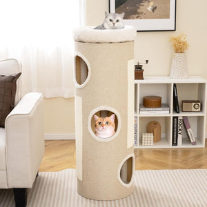 Casa per gatti a 4 piani con letto a caverna elevato, Tavoletta per graffi e altro ideale per pi¨´ gatti Bianco + Naturale-Alberi Tiragraffi