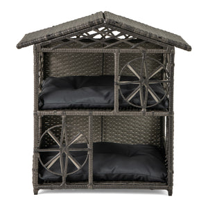 Rifugio elevato per animali da interno ed esterno per conigli e gattini-Casa per gatti in vimini a 2 piani con cuscini rimovibili Grigio