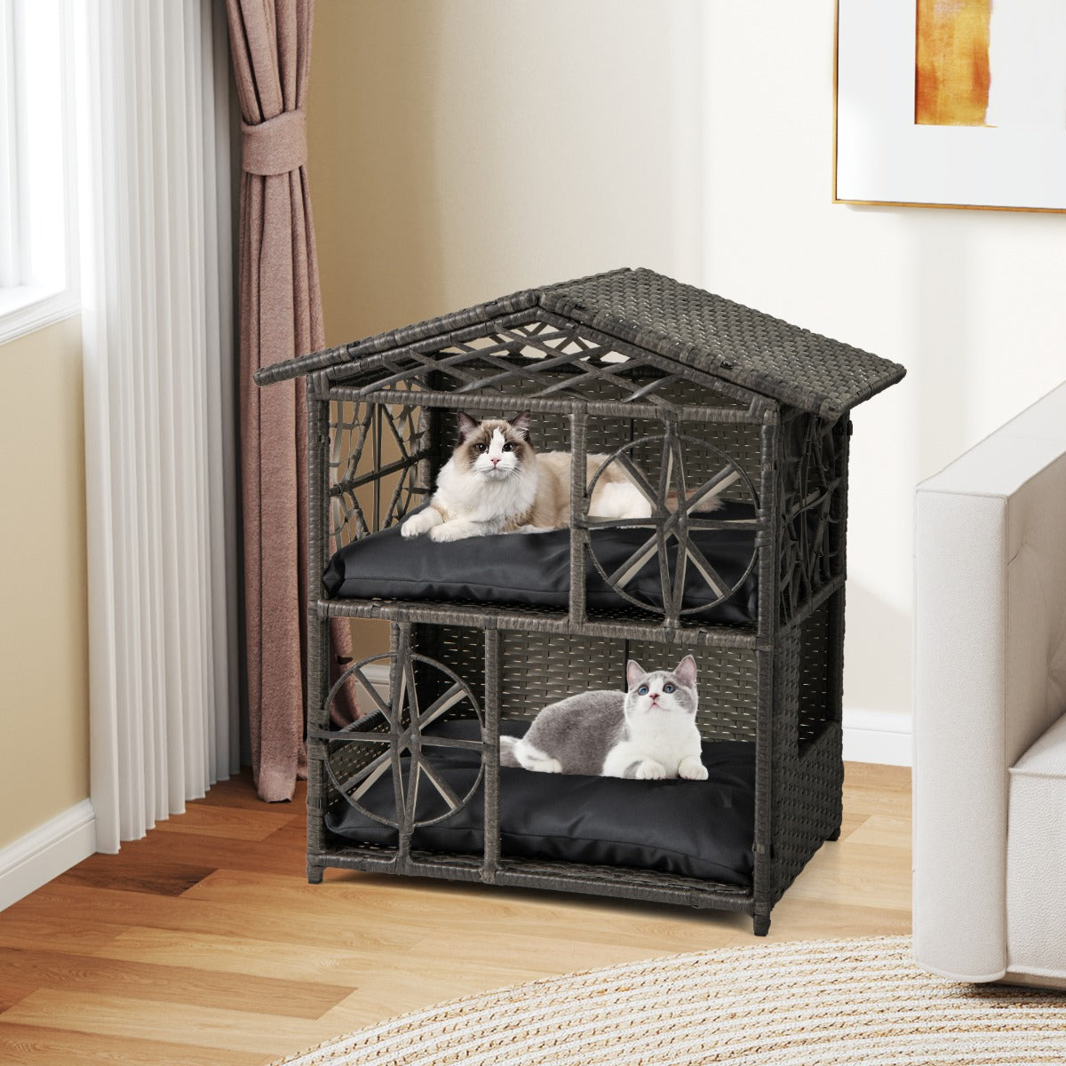 Rifugio elevato per animali da interno ed esterno per conigli e gattini-Casa per gatti in vimini a 2 piani con cuscini rimovibili Grigio