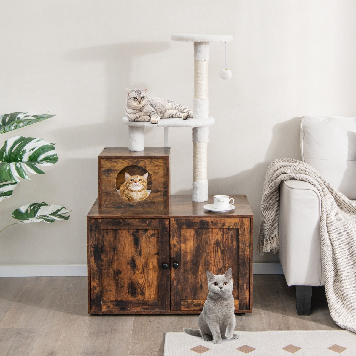 Casa per lettiera per gatti in legno con torre pallina tintinnante divisorio, Mobile per gatti da interno Marrone-Lettini e divanetti