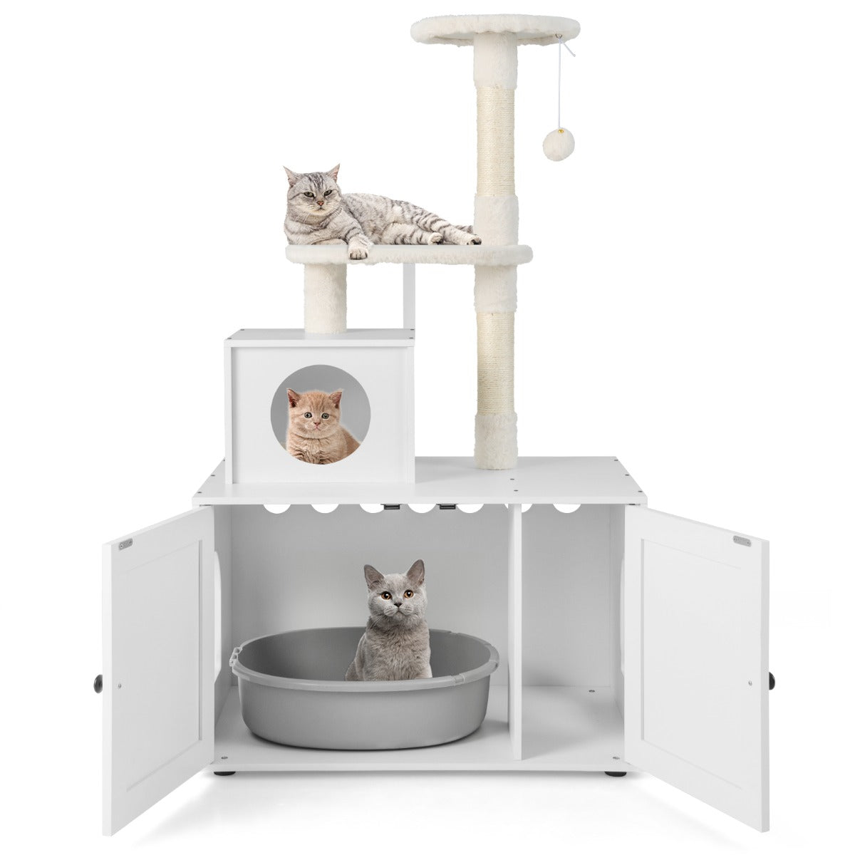 Casa per lettiera per gatti in legno con torre pallina tintinnante divisorio, Mobile per gatti da interno Bianco-Lettini e divanetti