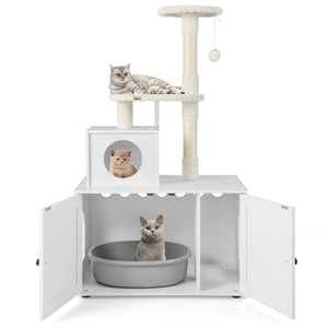 Casa per lettiera per gatti in legno con torre pallina tintinnante divisorio, Mobile per gatti da interno Bianco-Lettini e divanetti