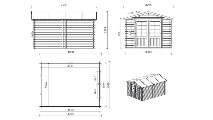Casetta da giardino in legno - 12.00m2 - 3.00x4.00m - 28mm - colore: naturale - DOM661 - ALTANKA