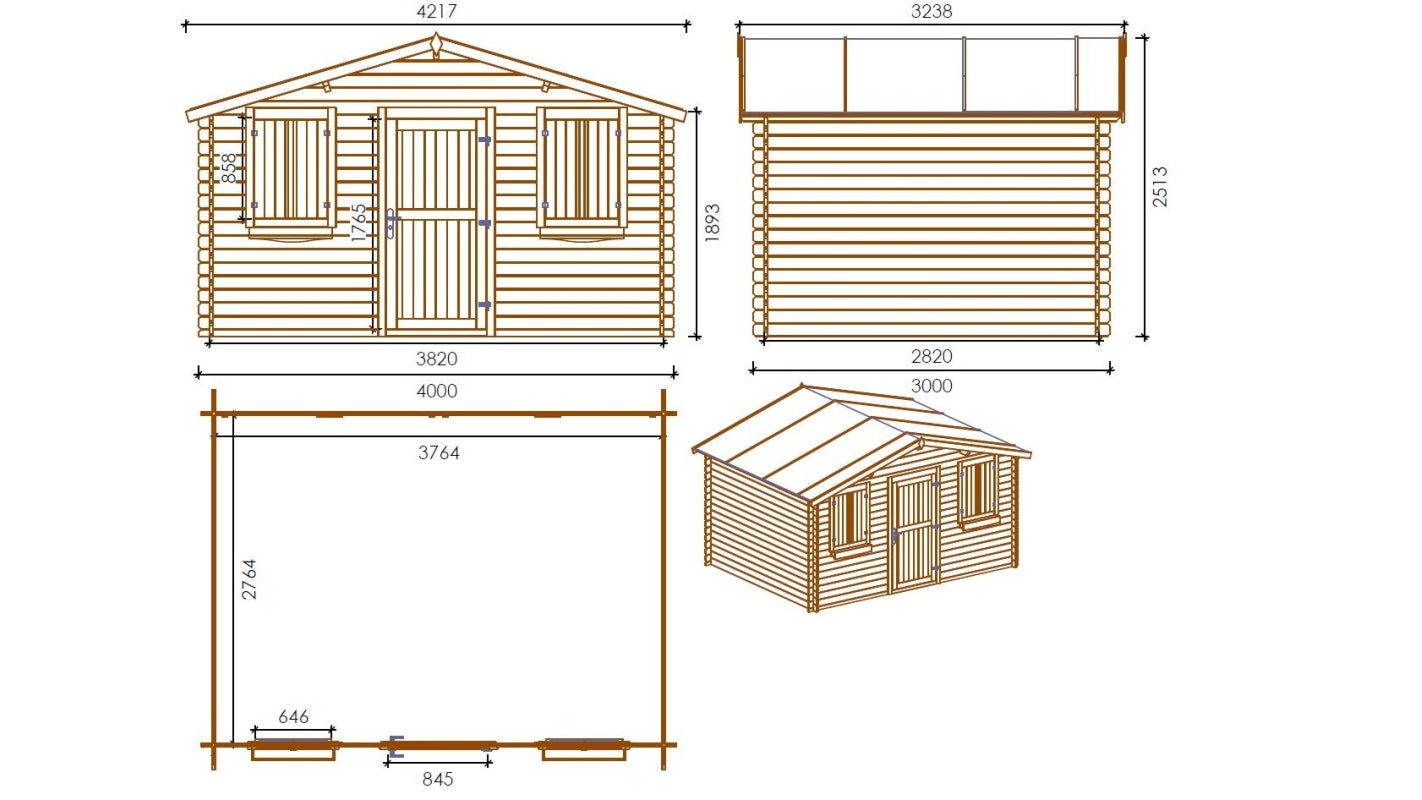 Casetta da giardino in legno - 12.00m2 - 4.00x3.00m - impregnata - 28mm - colore: marrone - DOM418 - ALTANKA