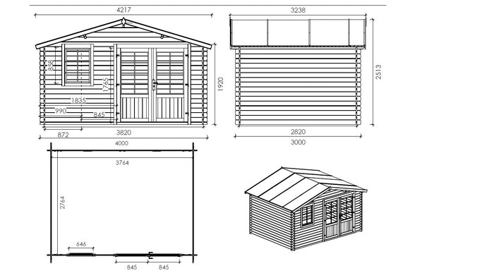 Casetta da giardino in legno - 12.00m2 - 4.00x3.00m - impregnata - 28mm - colore: marrone - DOM595 - ALTANKA
