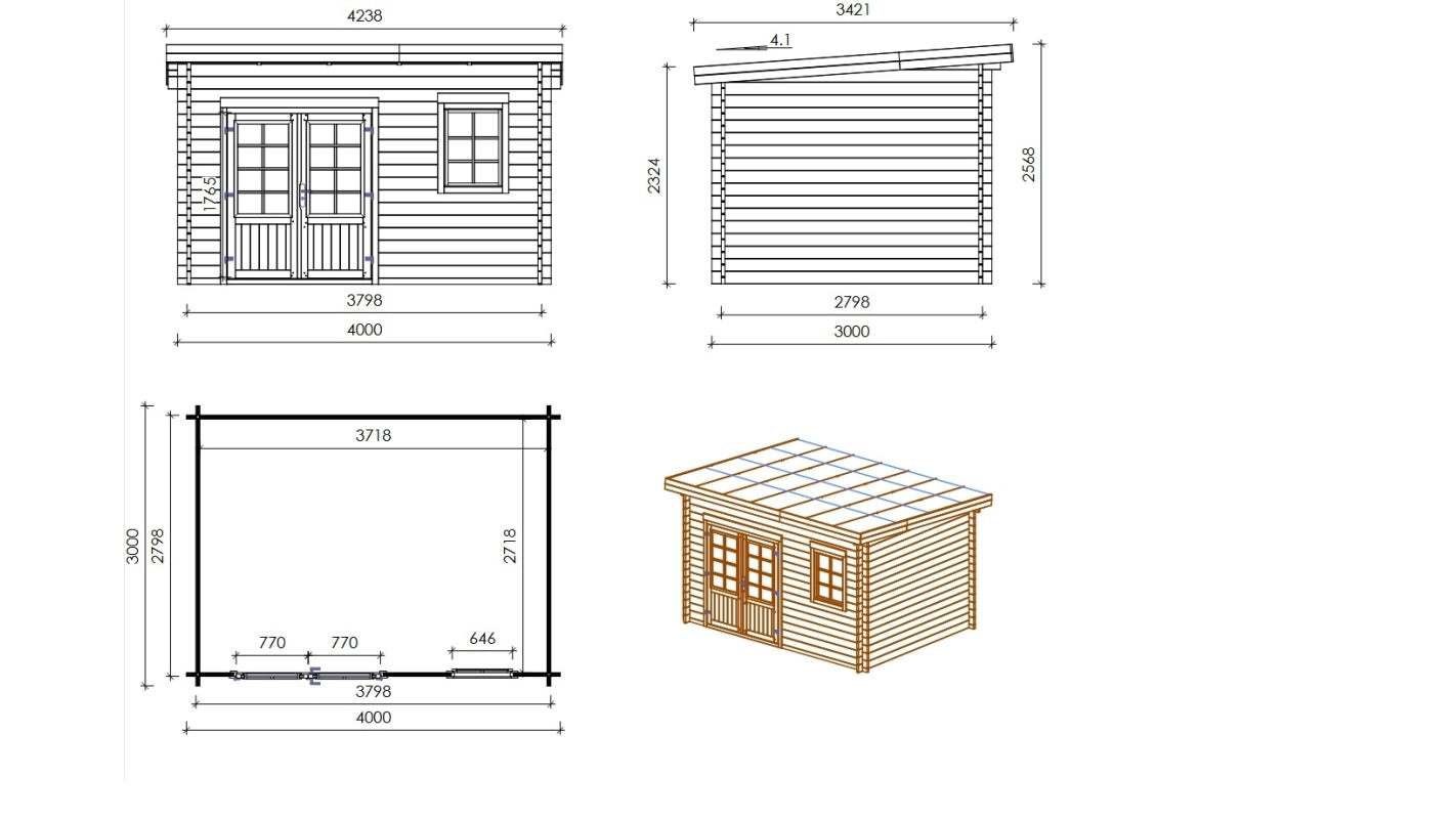 Casetta da giardino in legno - 12.00m2 - 4.00x3.00m - impregnata - 40mm - colore: verde - DOM717 - ALTANKA
