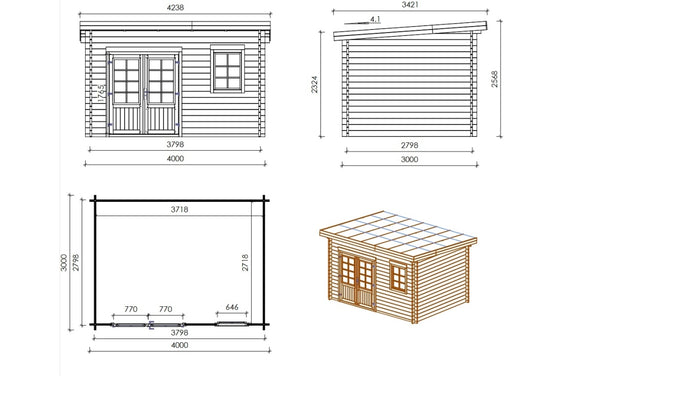 Casetta da giardino in legno - 12.00m2 - 4.00x3.00m - impregnata - 40mm - colore: verde - DOM717 - ALTANKA