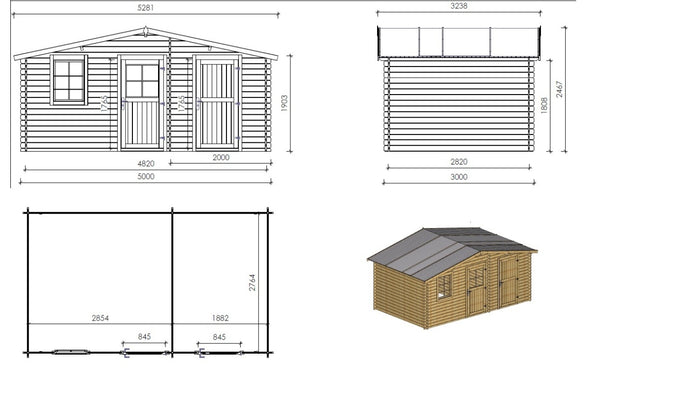 Casetta da giardino in legno - 15.00m2 - 5.00x3.00m - 28mm - colore: naturale - DOM578 - ALTANKA