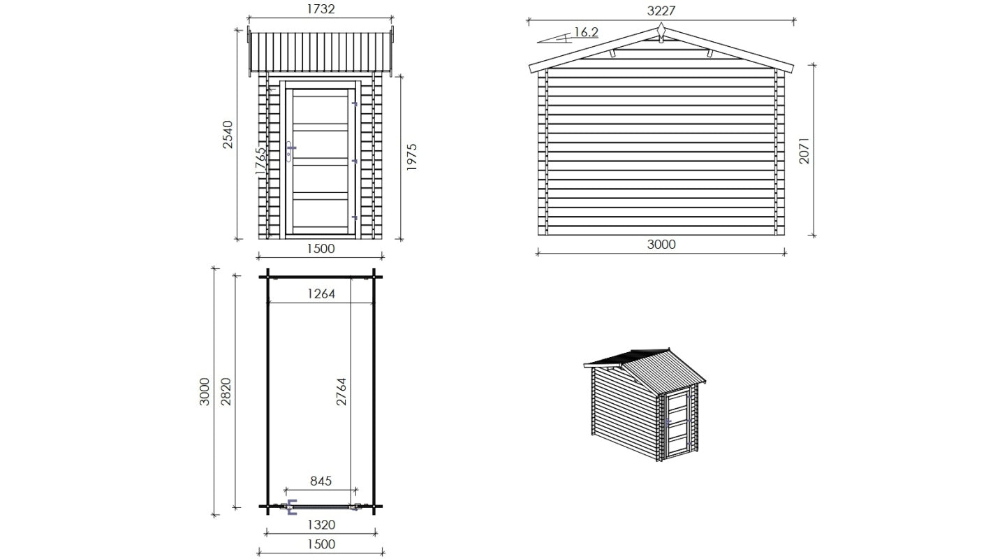 Casetta da giardino in legno – 1.50x3.00 m con estensione 1.50x2.76 m - 4.50 m² - DOM673+DOS194 - ALTANKA