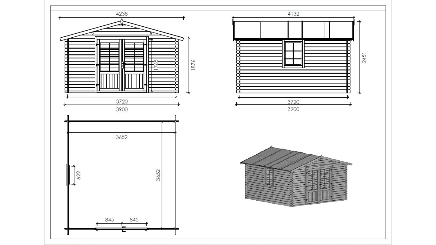 Casetta da giardino in legno - 15.20m2 - 3.90x3.90m - impregnata - 34mm - colore: marrone - DOM563 - ALTANKA