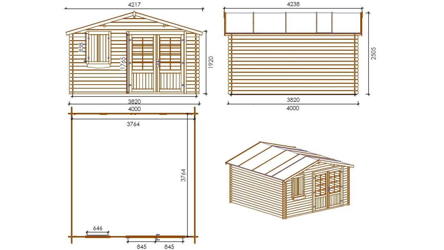 Casetta da giardino in legno - 16.00m2 - 4.00x4.00m - 28mm - colore: naturale - DOM130 - ALTANKA
