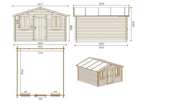 Casetta da giardino in legno - 16.00m2 - 4.00x4.00m - 28mm - colore: naturale - DOM149 - ALTANKA