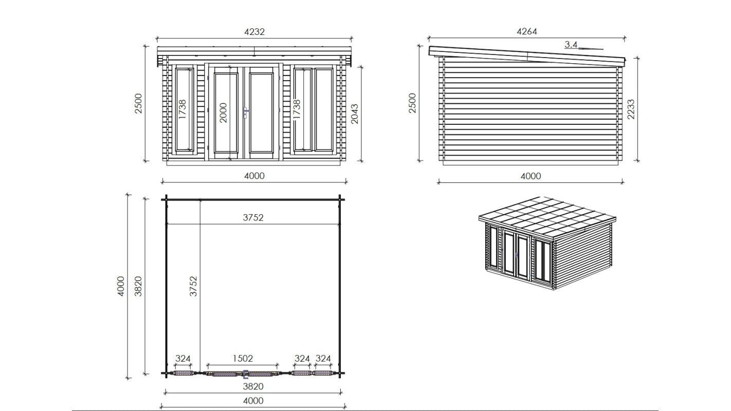 Casetta da giardino in legno - 16.00m2 - 4.00x4.00m - 34mm - colore: naturale - DOM653 - ALTANKA