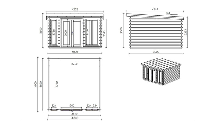Casetta da giardino in legno - 16.00m2 - 4.00x4.00m - 34mm - colore: naturale - DOM653 - ALTANKA