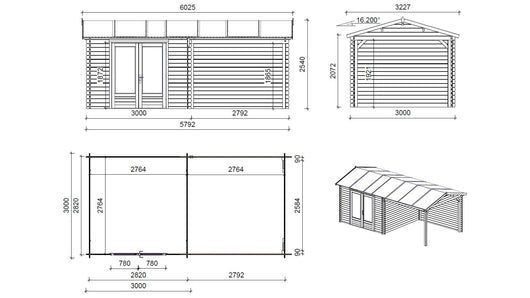 Casetta da giardino in legno - 17.40m2 - 5.79x3.00m - 28mm - colore: naturale - DOM640 - ALTANKA