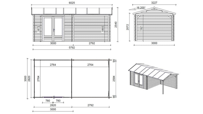 Casetta da giardino in legno - 17.40m2 - 5.79x3.00m - 28mm - colore: naturale - DOM640 - ALTANKA