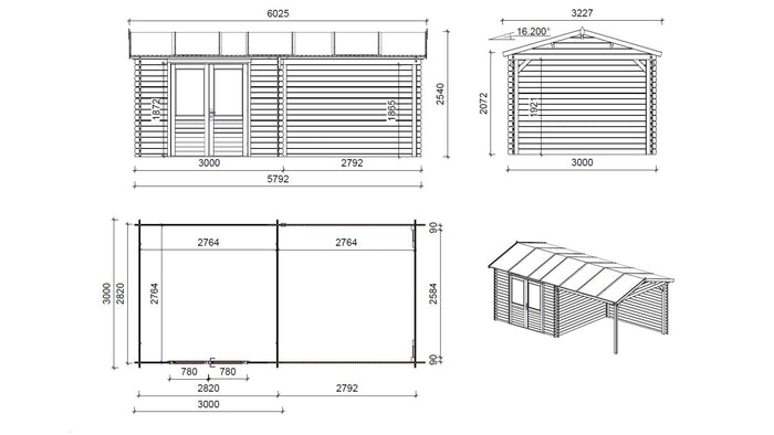 Casetta da giardino in legno - 17.40m2 - 5.79x3.00m - 28mm - colore: naturale - DOM639 - ALTANKA