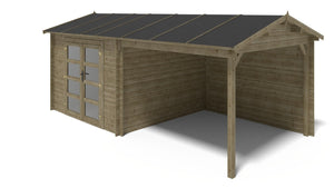 Casetta da giardino in legno - 17.40m2 - 5.79x3.00m - impregnata - 28mm - colore: verde - DOM718 - ALTANKA