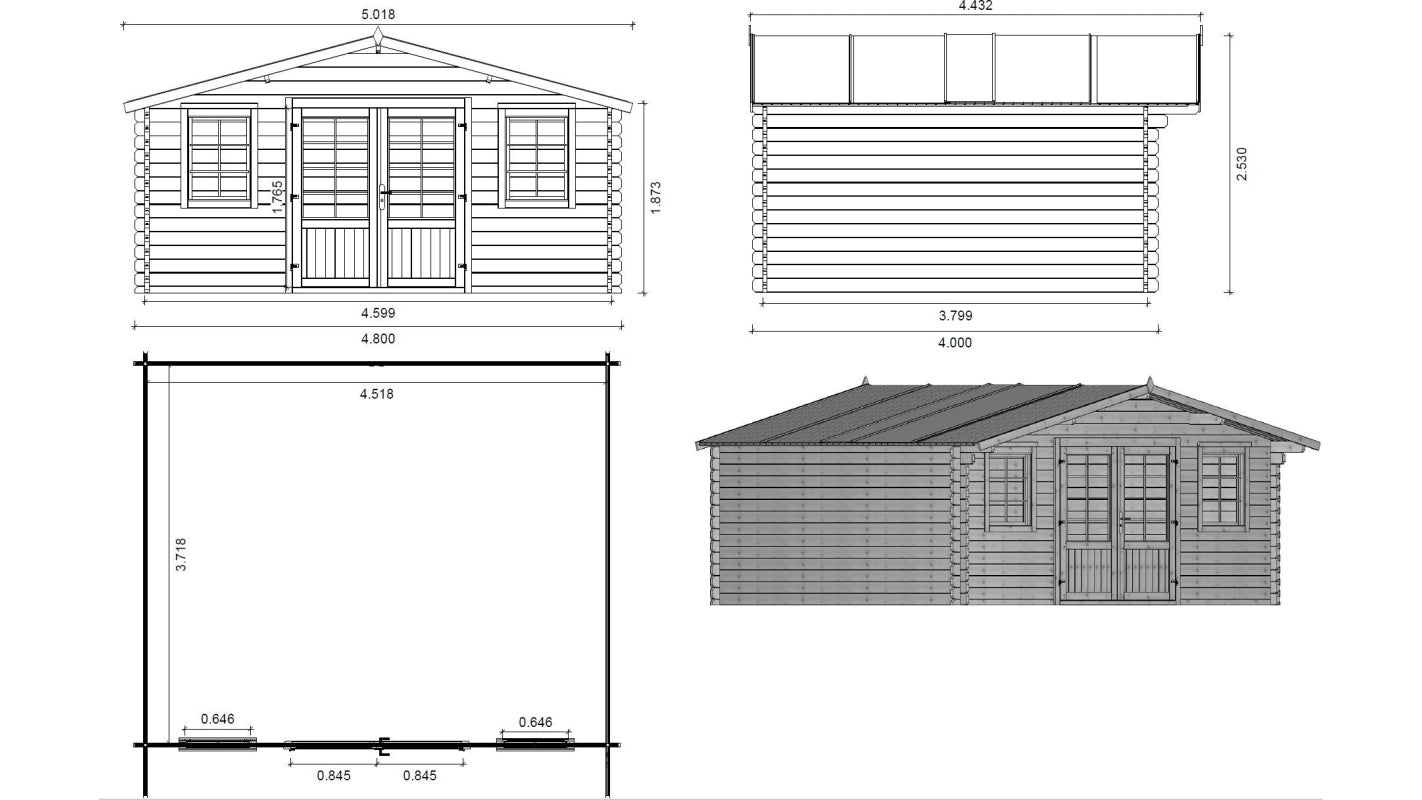 Casetta da giardino in legno - 19.20m2 - 4.80x4.00m - 40mm - colore: naturale - DOM370 - ALTANKA
