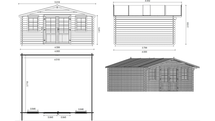 Casetta da giardino in legno - 19.20m2 - 4.80x4.00m - 40mm - colore: naturale - DOM370 - ALTANKA