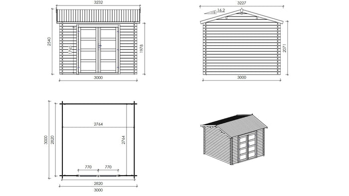 Casetta da giardino in legno – 3.00x3.00 m con estensione 3.00x2.76 m - 9.00 m² - DOM676+DOS194 - ALTANKA