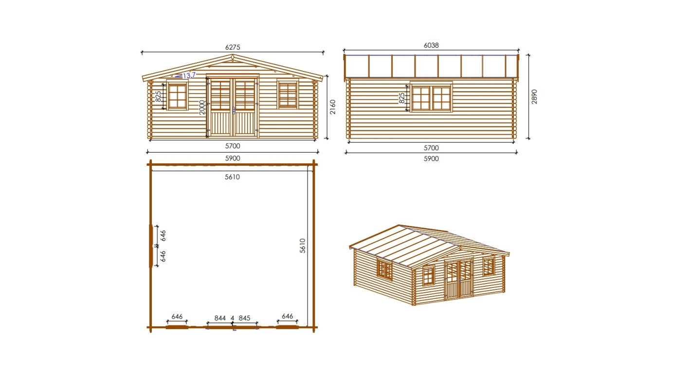 Casetta da giardino in legno - 34.80m2 - 5.90x5.90m - impregnata - 45mm - colore: marrone - DOM656 - ALTANKA
