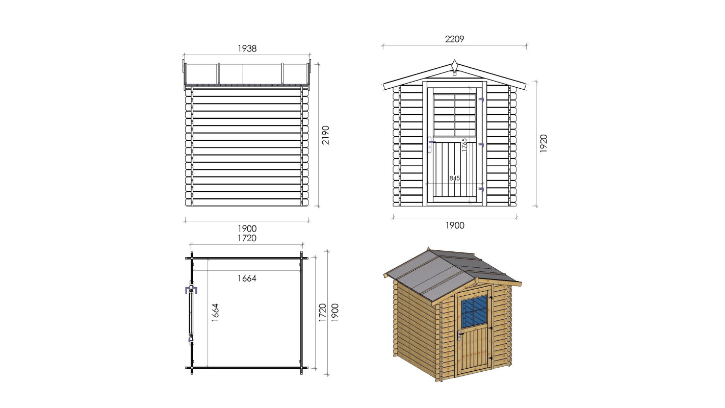 Casetta da giardino in legno - 3.61m2 - 1.90x1.90m - 28mm - colore: naturale - DOM593 - ALTANKA