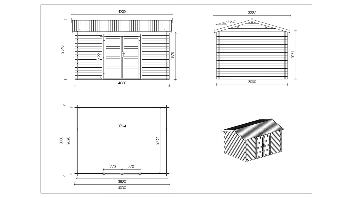 Casetta da giardino in legno – 4.00x3.00 m con estensione 4.00x2.76 m - 12.00 m² - DOM677+DOS194 - ALTANKA