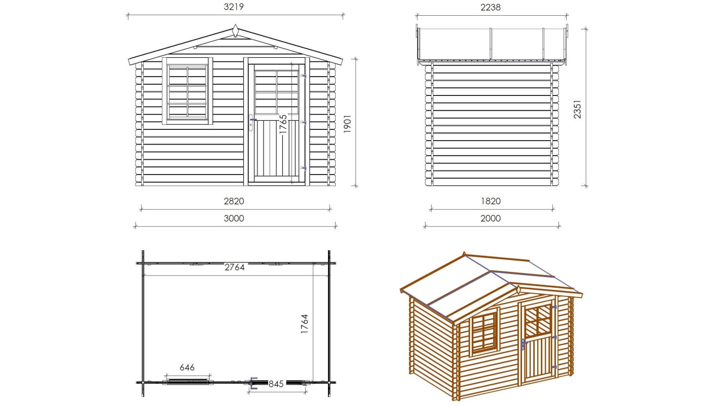 Casetta da giardino in legno - 6.00m2 - 3.00x2.00m - 28mm - colore: naturale - DOM472 - ALTANKA