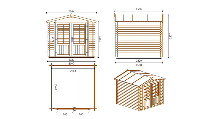 Casetta da giardino in legno - 6.25m2 - 2.50x2.50m - 28mm - colore: naturale - DOM521 - ALTANKA